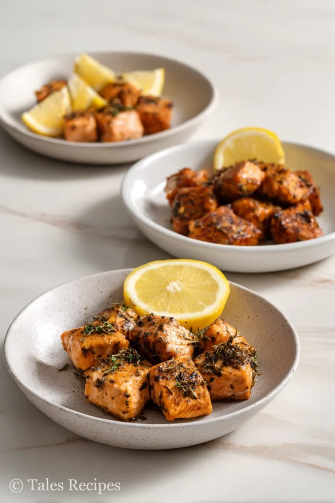 Air-fried, oven-baked, and skillet-seared keto flavored salmon bites side by side for comparison