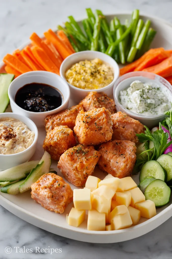 Platter of keto flavored salmon bites with veggies, cheese, and healthy dips for sharing