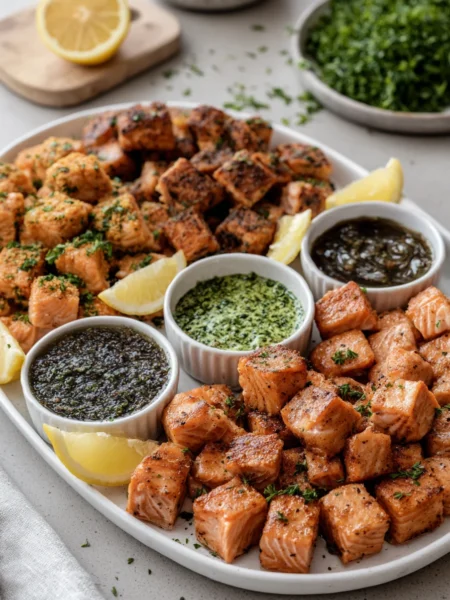 Plated keto flavored salmon bites in four flavors with dipping sauces and garnishes