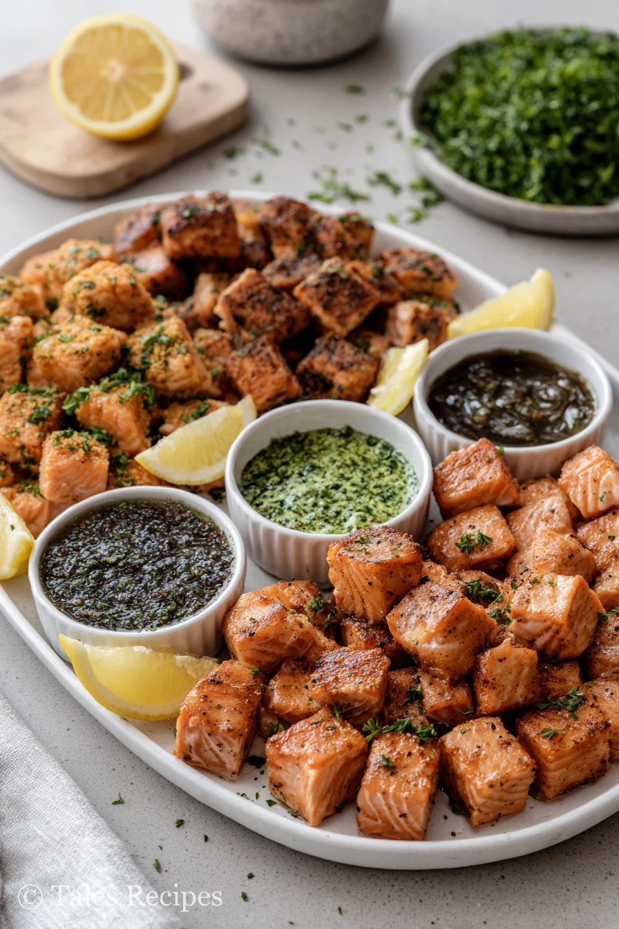 Plated keto flavored salmon bites in four flavors with dipping sauces and garnishes