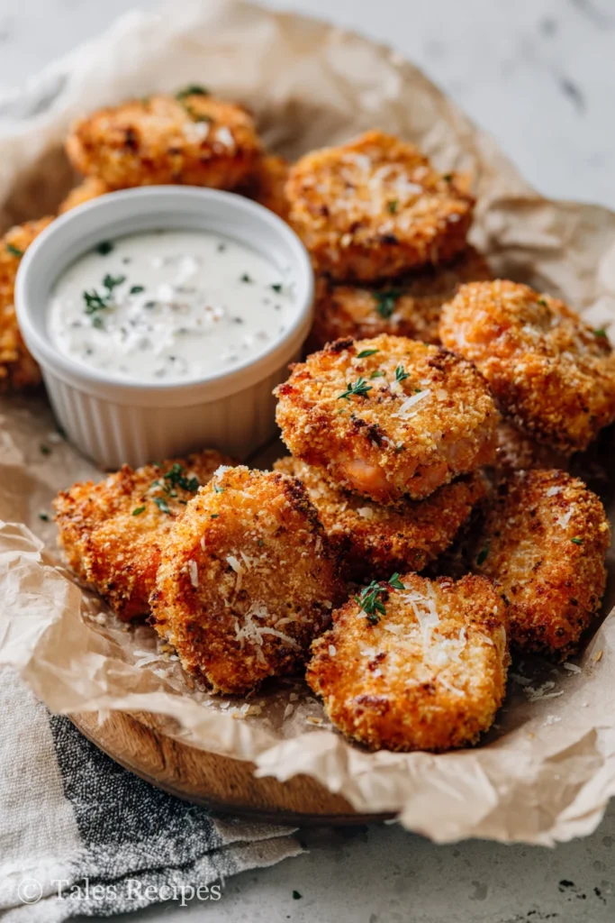 Golden almond parmesan keto flavored salmon bites with ranch for dipping