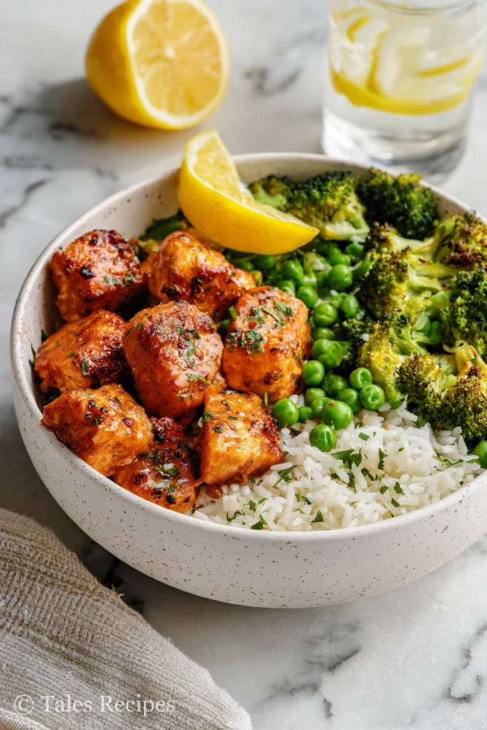 Lemon garlic salmon bites served in a rice and veggie bowl for family dinner