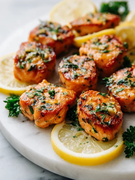 Lemon garlic salmon bites on marble plate with parsley and lemon wedges