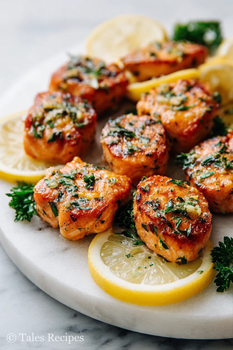 Lemon garlic salmon bites on marble plate with parsley and lemon wedges