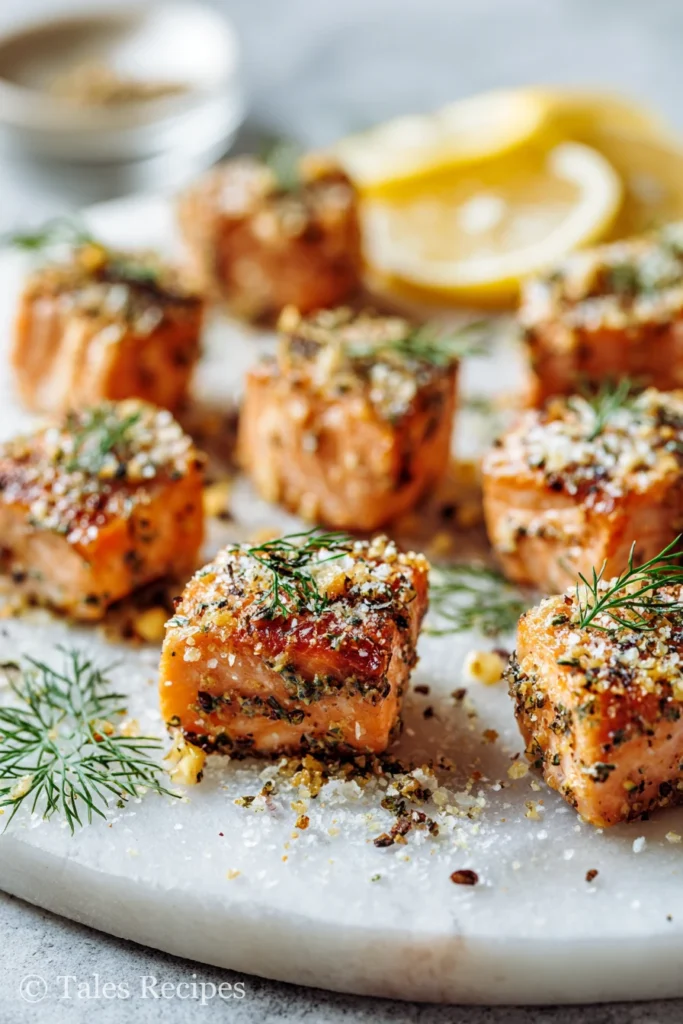 Herb and parmesan variation of lemon garlic salmon bites on platter