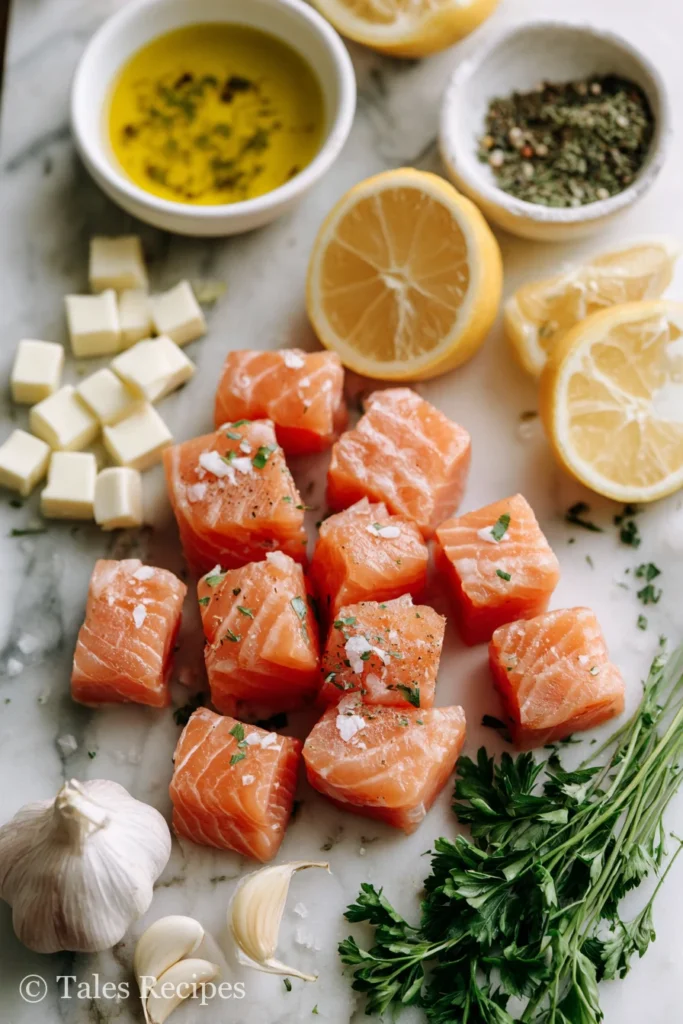 Flatlay of key ingredients for lemon garlic salmon bites recipe on marble