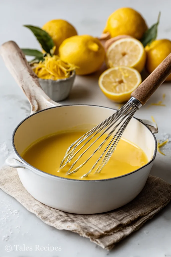 Making lemon curd for traditional linzer cookie recipe with fresh zest and a whisk.