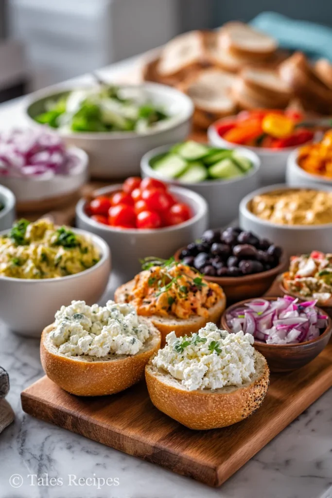 Build-your-own mini cottage cheese bagel bar with toppings and spreads enjoyed at parties