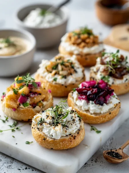Mini cottage cheese bagels arranged for a festive party platter with colorful toppings
