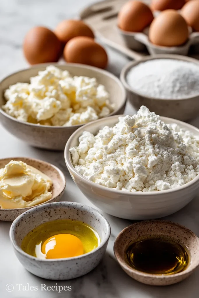 Mini cottage cheese bagels ingredients including cottage cheese, flour, eggs, and olive oil