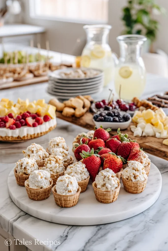 Dessert table with mini rice krispie ice cream cones as centerpiece with other treats and drinks.
