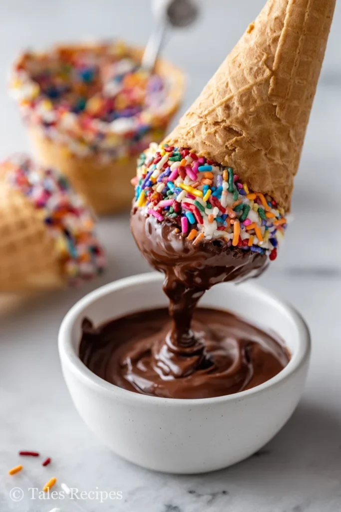 Dipping mini rice krispie ice cream cones in chocolate and colorful sprinkles for party fun.