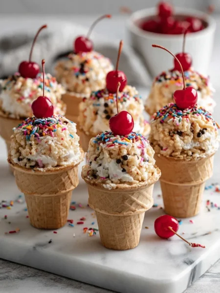 Mini rice krispie ice cream cones party platter with colorful toppings for celebrations.