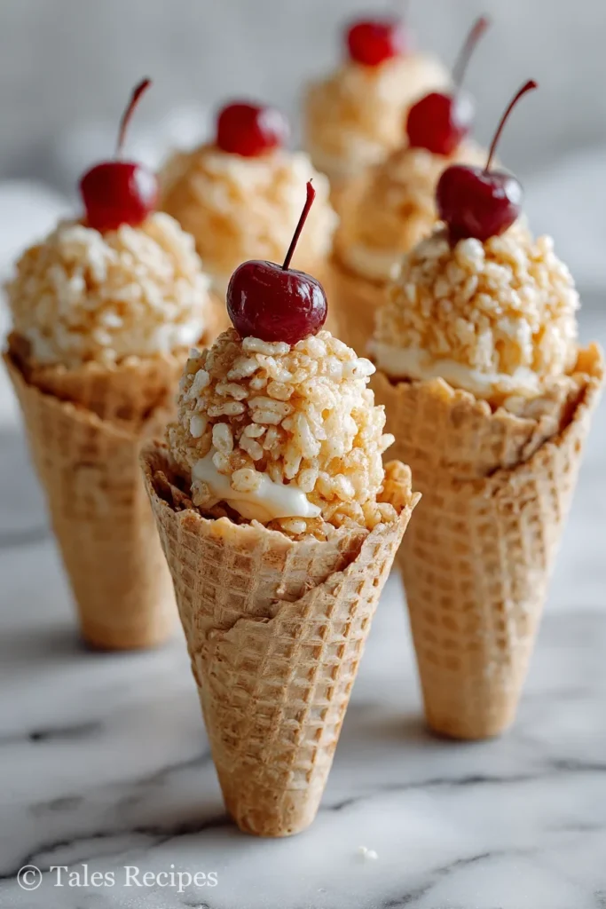 Filled and decorated mini rice krispie ice cream cones with candy and colorful toppings.