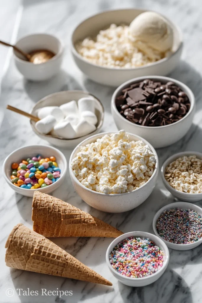 Essential ingredients for mini rice krispie ice cream cones including marshmallows and cereal.