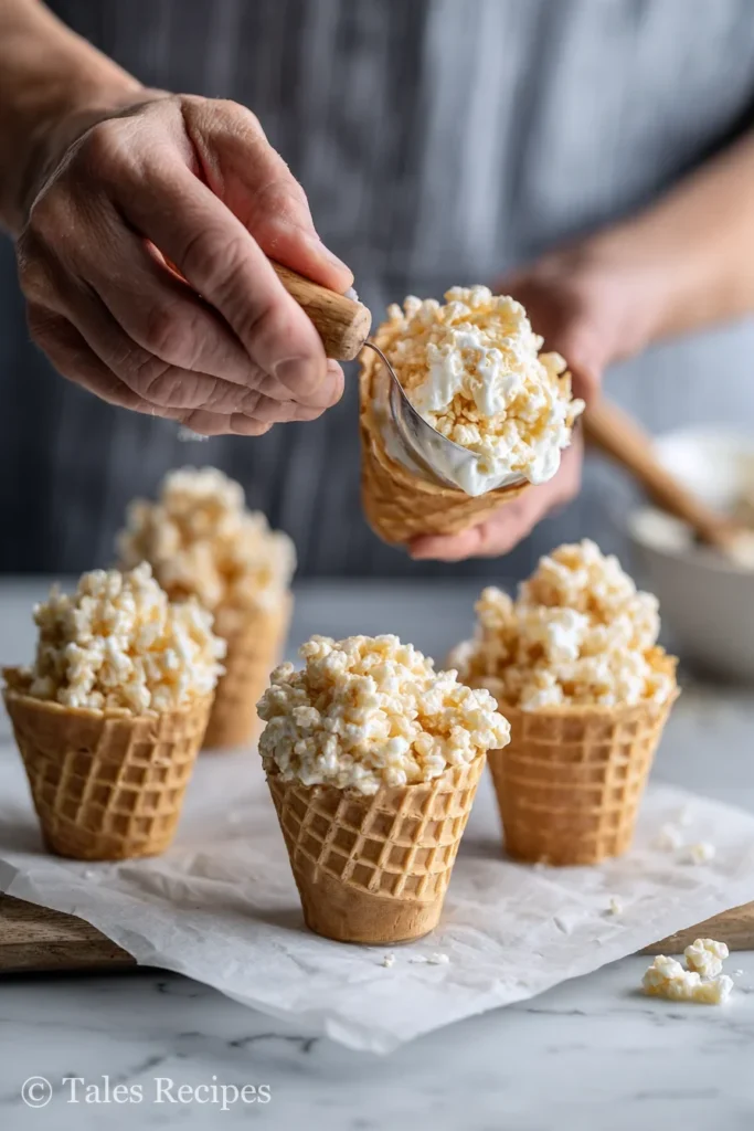 How to form marshmallow scoops for mini rice krispie ice cream cones.