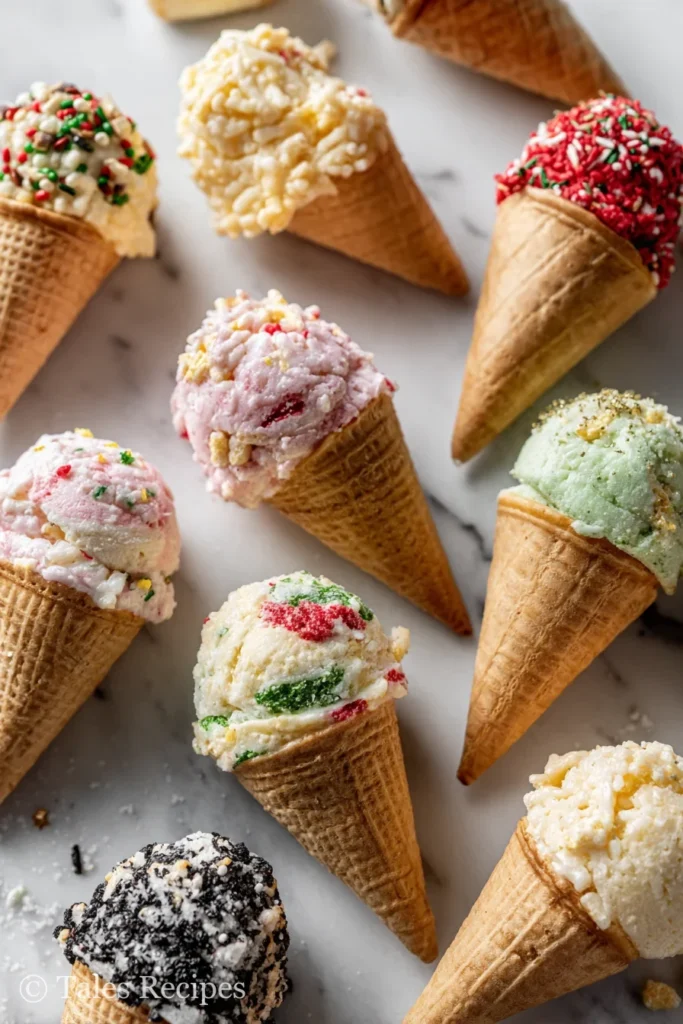 Assorted mini rice krispie ice cream cones decorated for holidays and special themes.