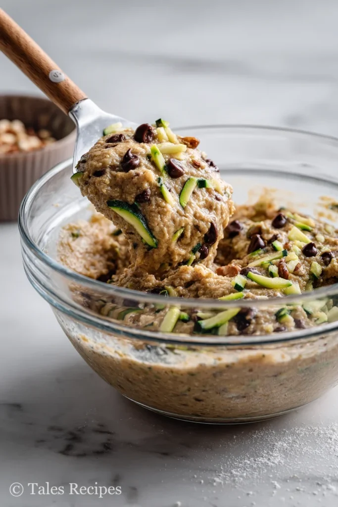 Spatula folding zucchini and chocolate chips into vegan zucchini muffin batter