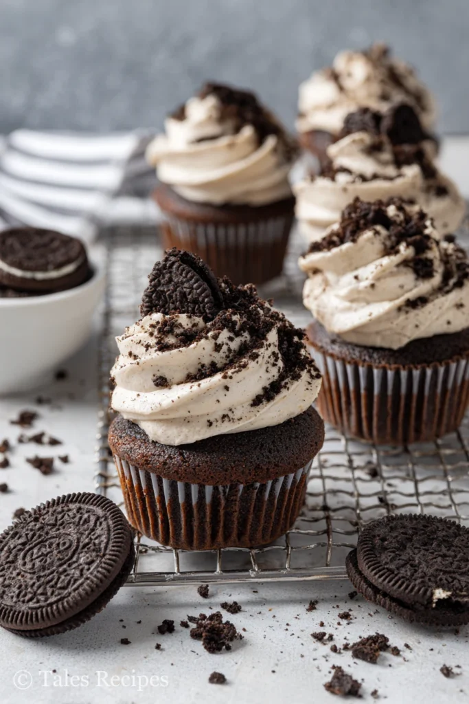Homemade Oreo cupcakes cooling with Oreo cookies after family baking session.