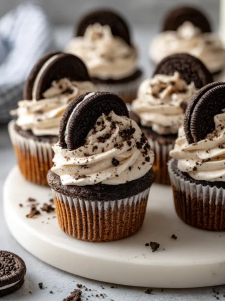 Oreo cupcakes with cookies and cream frosting and Oreo toppings arranged on marble background.