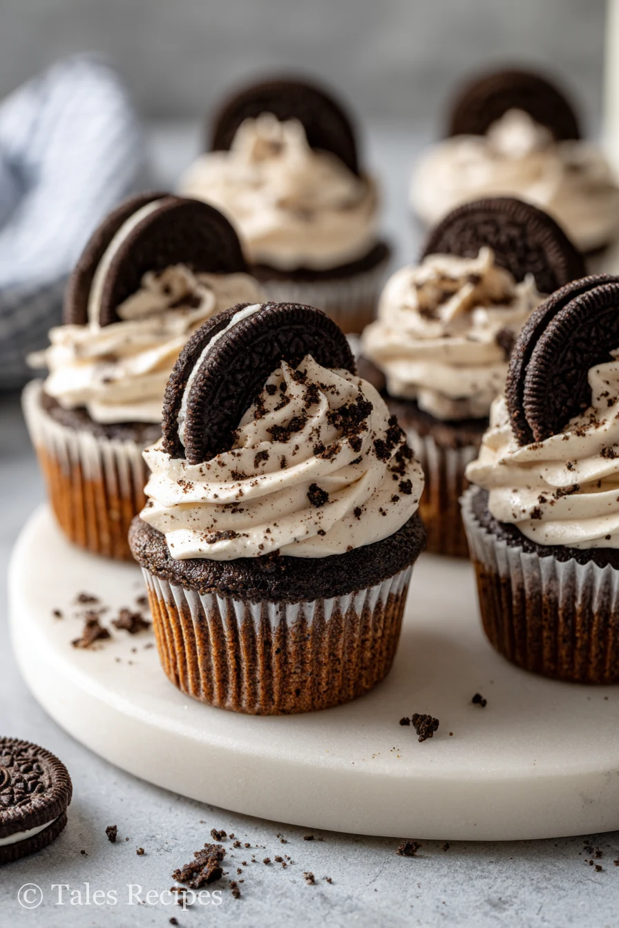 Oreo cupcakes with cookies and cream frosting and Oreo toppings arranged on marble background.