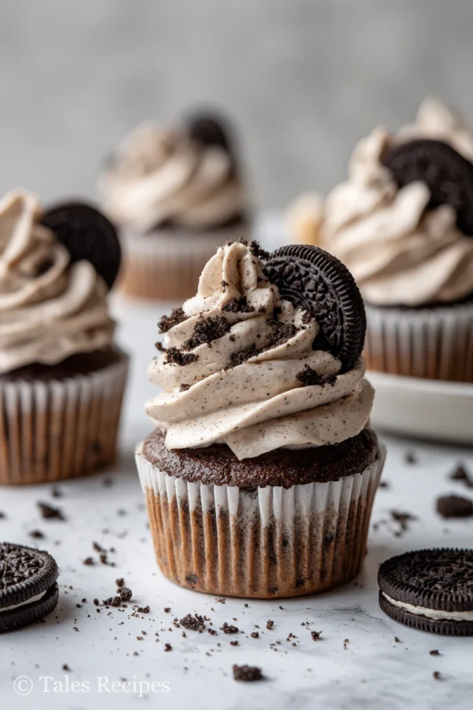 Oreo cupcakes decorated with piped cookies and cream frosting and Oreo crumbs.