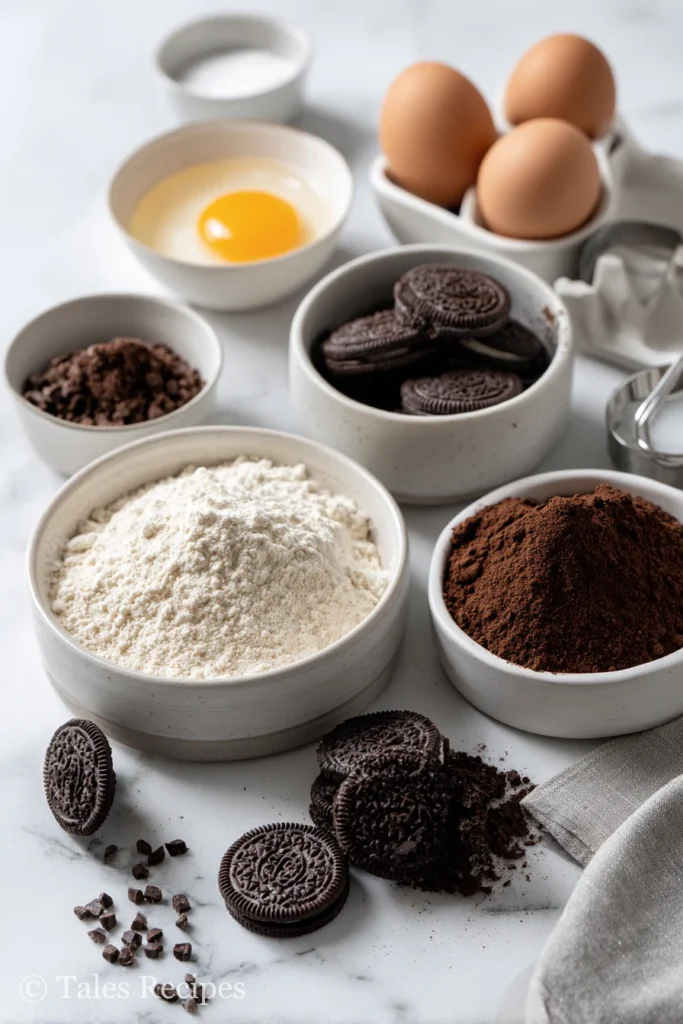 Essential Oreo cupcakes ingredients and baking tools on a white marble surface.