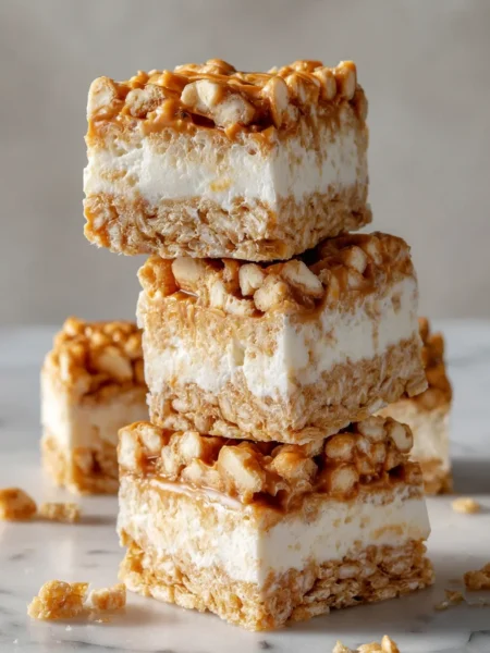 Close-up of peanut butter rice krispie ice cream sandwich showing layered crispy and creamy textures.