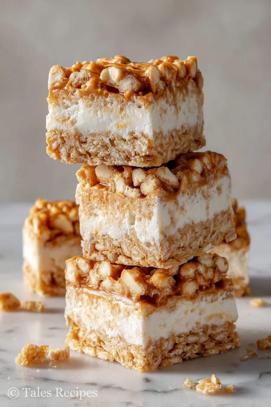 Close-up of peanut butter rice krispie ice cream sandwich showing layered crispy and creamy textures.