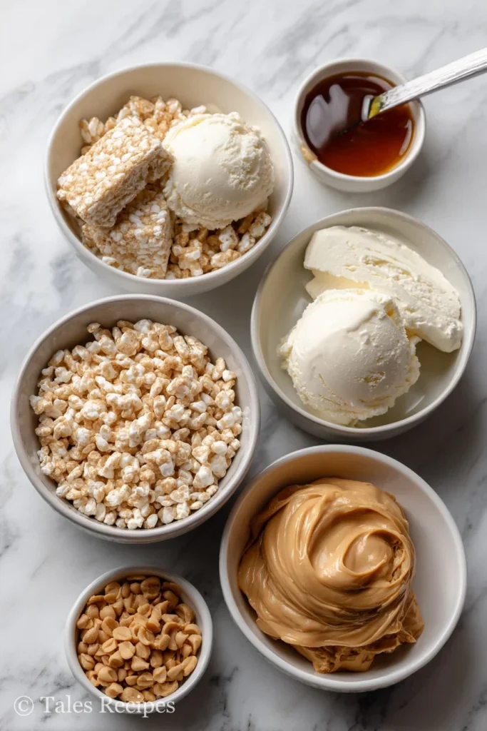 Ingredients for peanut butter rice krispie ice cream sandwich including cereal, peanut butter, syrup, and ice cream.