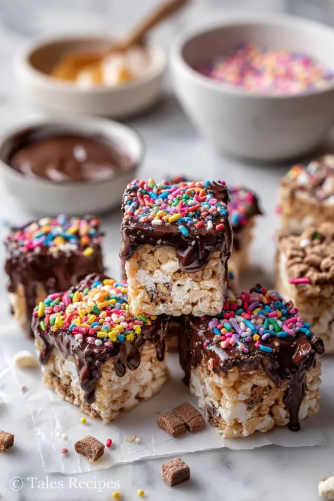 Peanut butter rice krispie ice cream sandwich bites with colorful chocolate and sprinkle toppings.