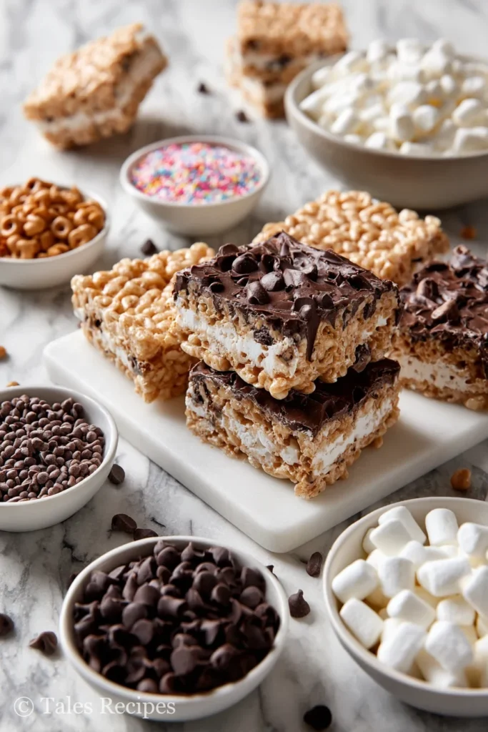 Peanut butter rice krispie ice cream sandwich with chocolate chips, sprinkles, and toppings for customizing.