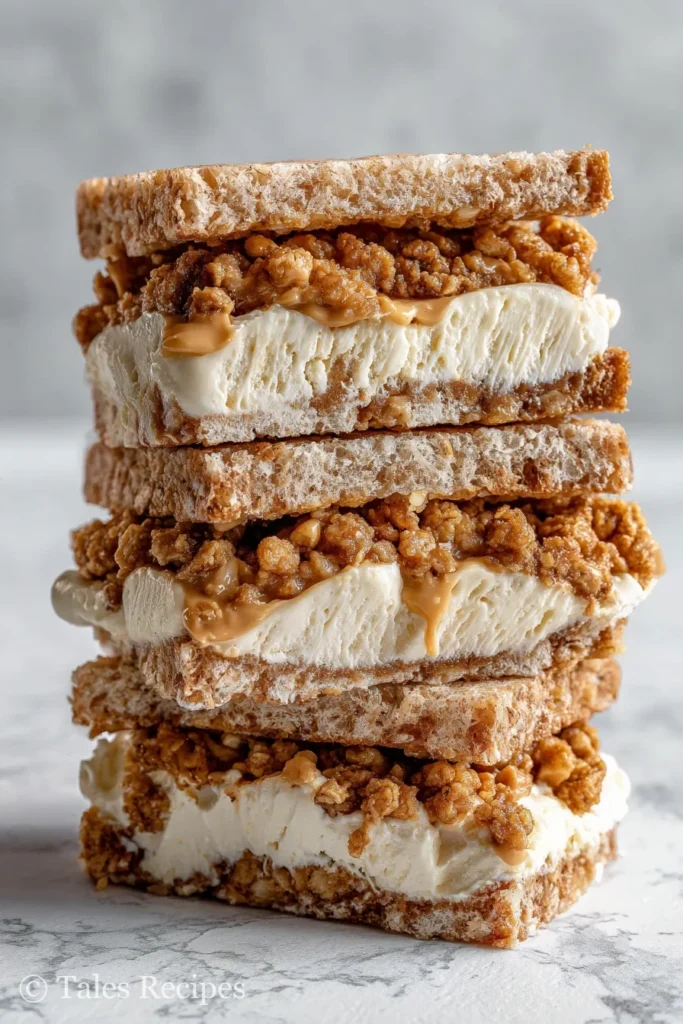 Step-by-step collage for assembling peanut butter rice krispie ice cream sandwich with layers and pressing technique.