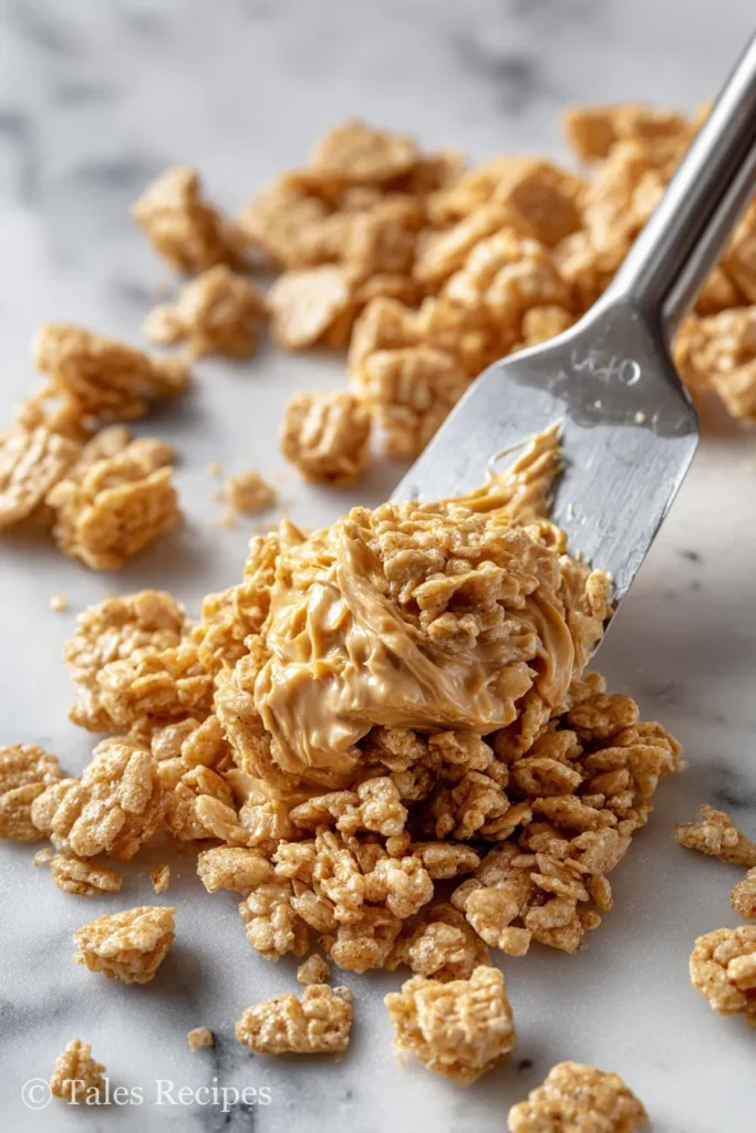 Mixing Rice Krispies into peanut butter mixture for peanut butter rice krispie treats recipe.