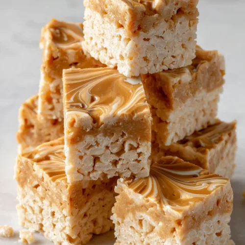 Close-up of peanut butter rice krispie treats recipe squares on marble surface, gooey and chewy appearance.