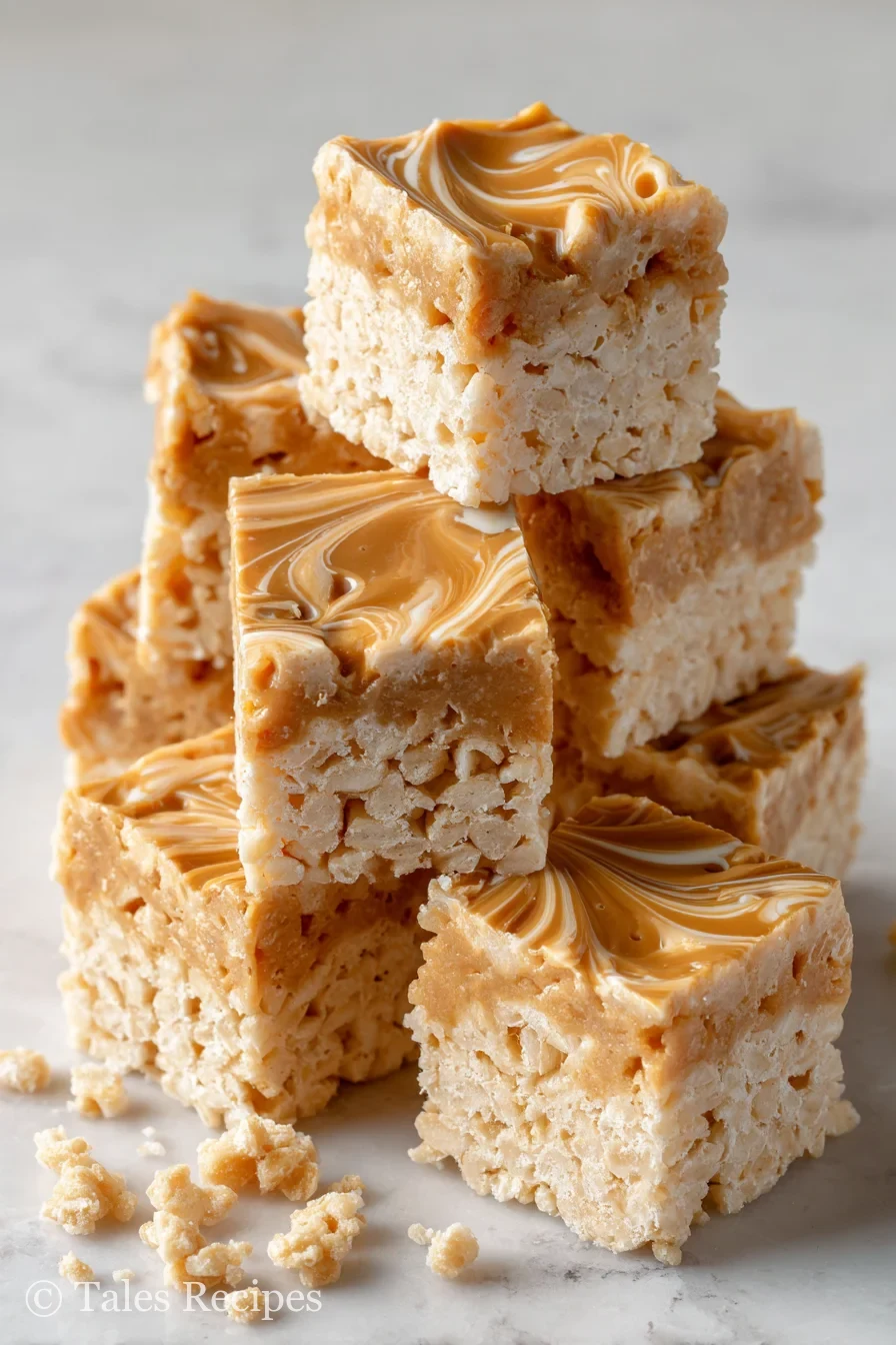 Close-up of peanut butter rice krispie treats recipe squares on marble surface, gooey and chewy appearance.