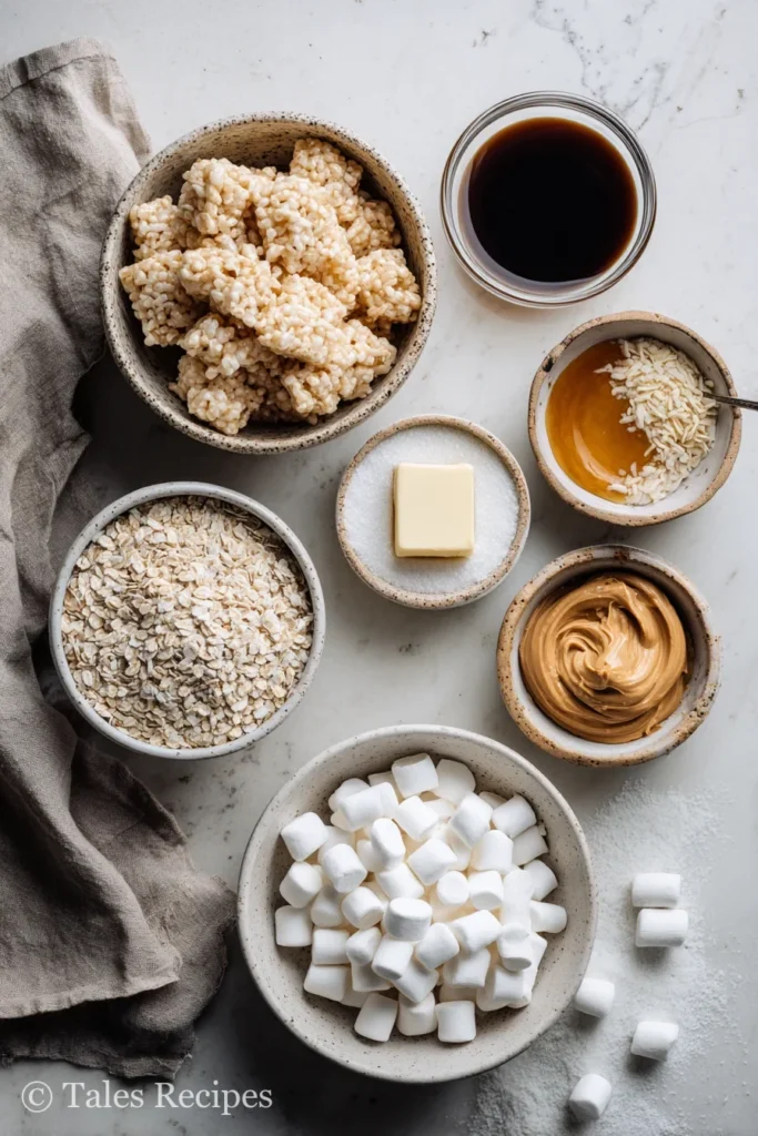 Key ingredients for peanut butter rice krispie treats recipe including marshmallows, peanut butter, and cereal.