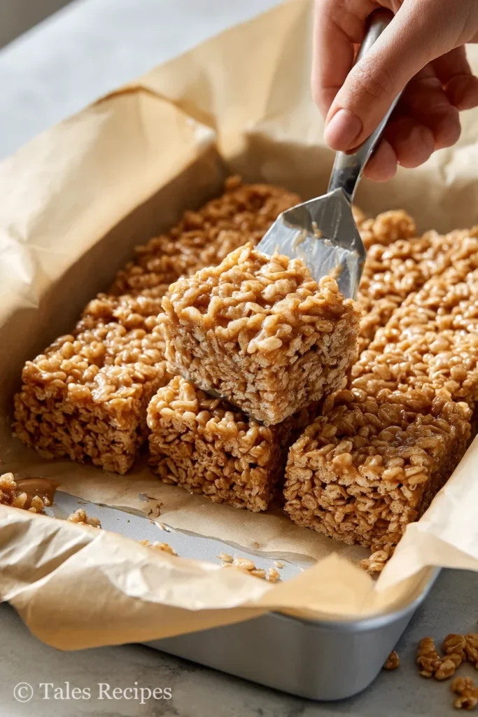 Pressing peanut butter rice krispie treats recipe mixture into baking pan with spatula.