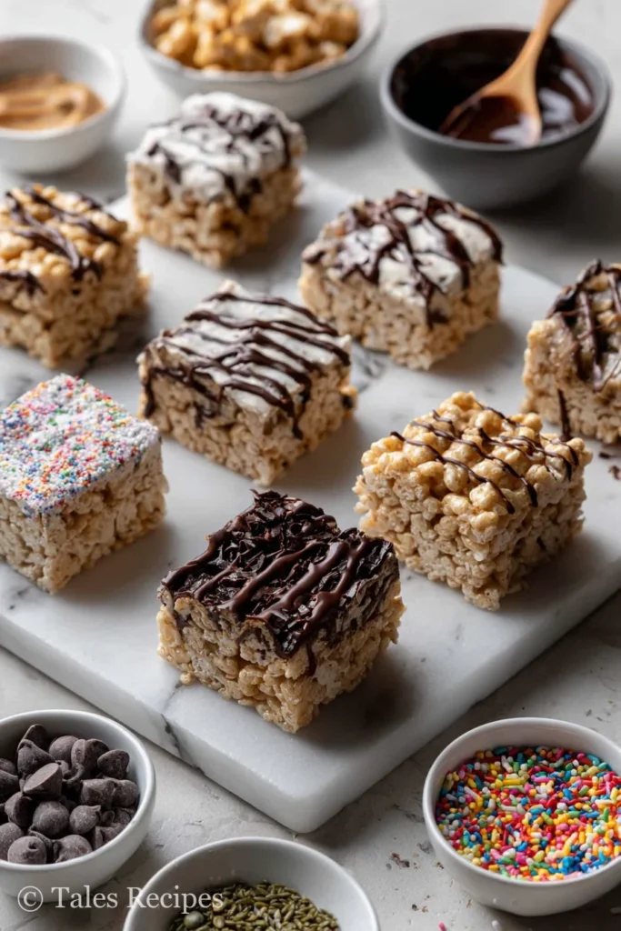 Assorted variations of peanut butter rice krispie treats recipe with chocolate and healthy add-ins.