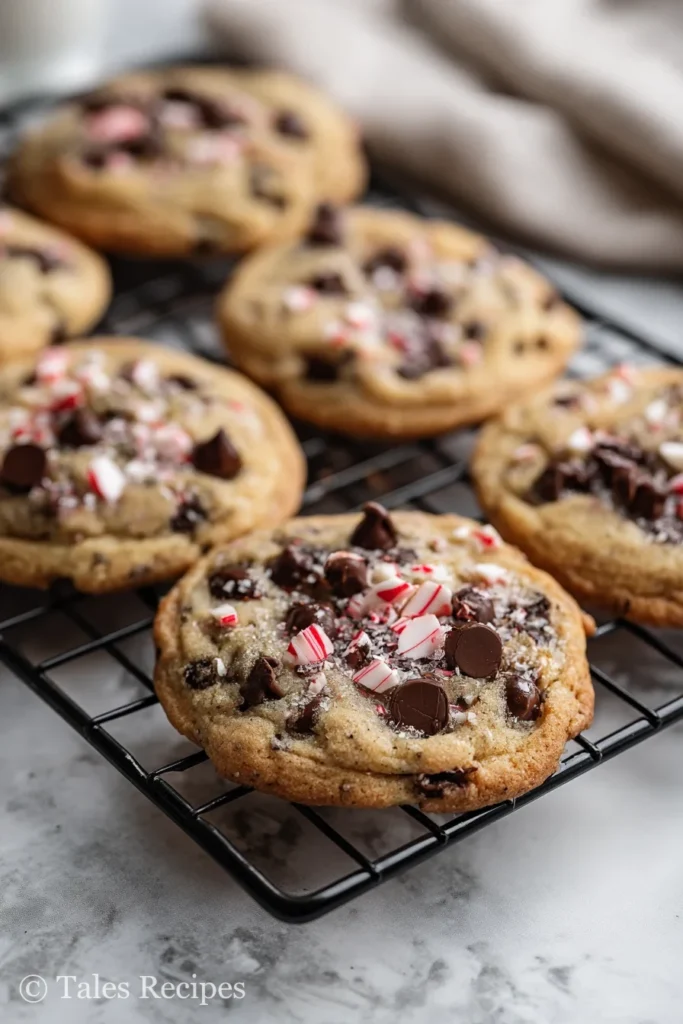 Baked peppermint chocolate chip cookies cooling with gooey chocolate and candy cane sprinkles