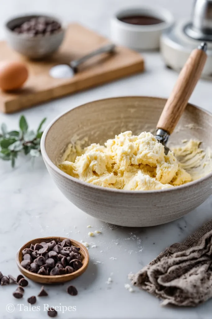 Creamed butter and sugar mixture in bowl for peppermint chocolate chip cookies preparation