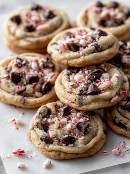 Peppermint chocolate chip cookies arranged on white marble, topped with crushed candy canes