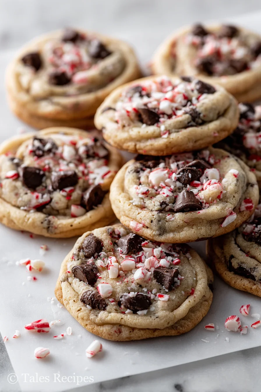 Peppermint chocolate chip cookies arranged on white marble, topped with crushed candy canes