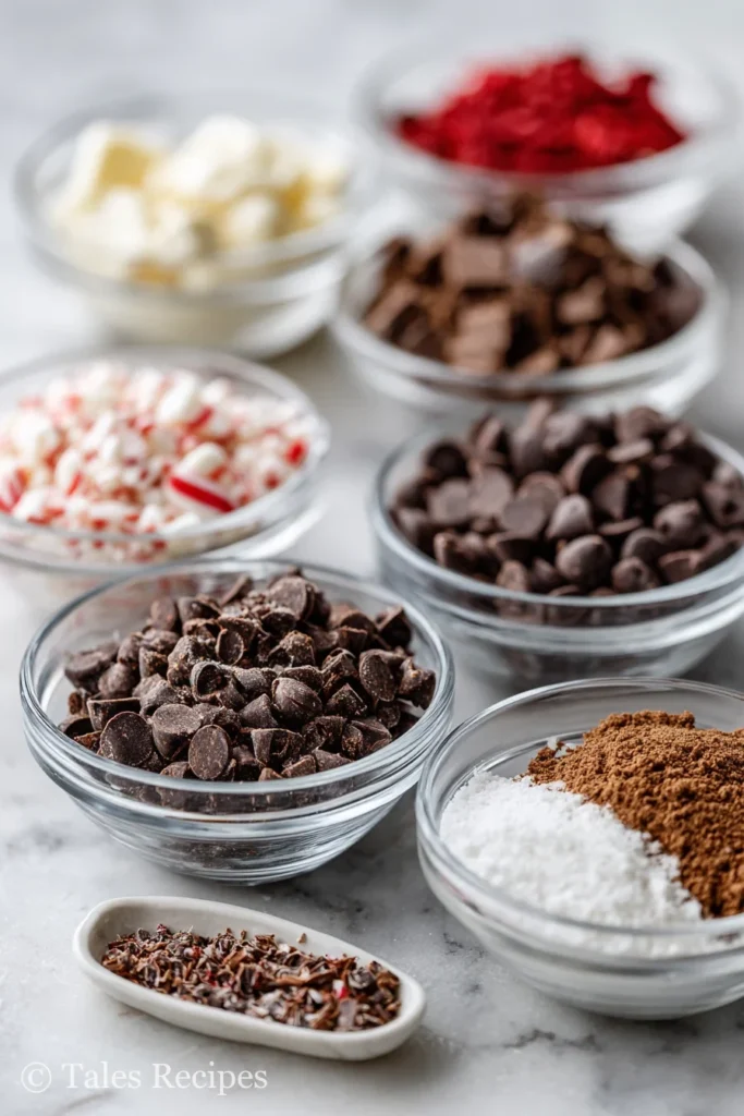 Chocolate chips, crushed peppermint, and oats for peppermint chocolate chip cookies on marble background