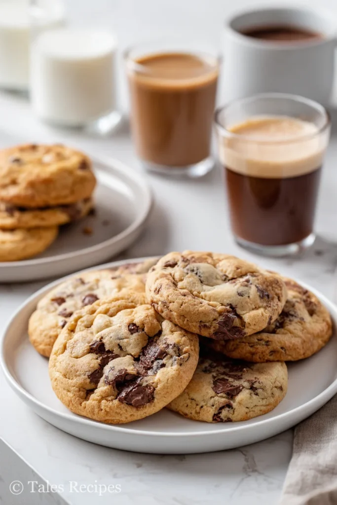 Peppermint chocolate chip cookies with glasses of milk and cocoa ready for serving