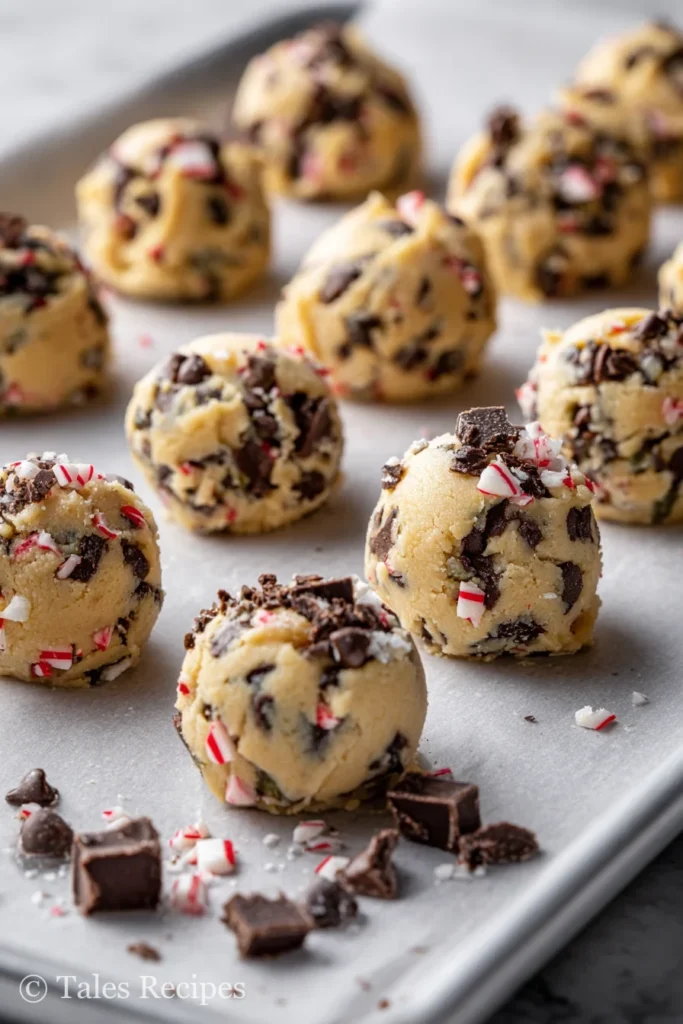 Parchment-lined sheet of peppermint chocolate chip cookie dough balls ready to chill