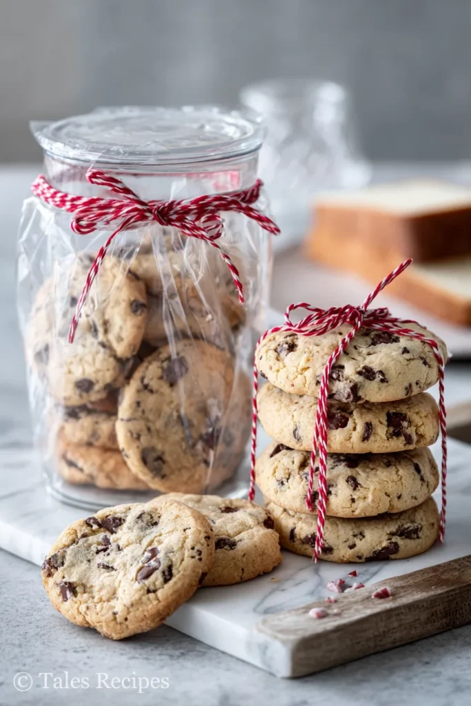 Peppermint chocolate chip cookies in airtight container and bagged for gifting on white marble