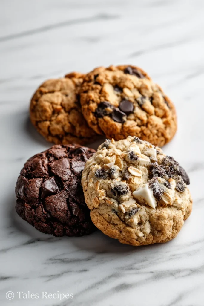 Three types of peppermint chocolate chip cookies showing texture and recipe variation
