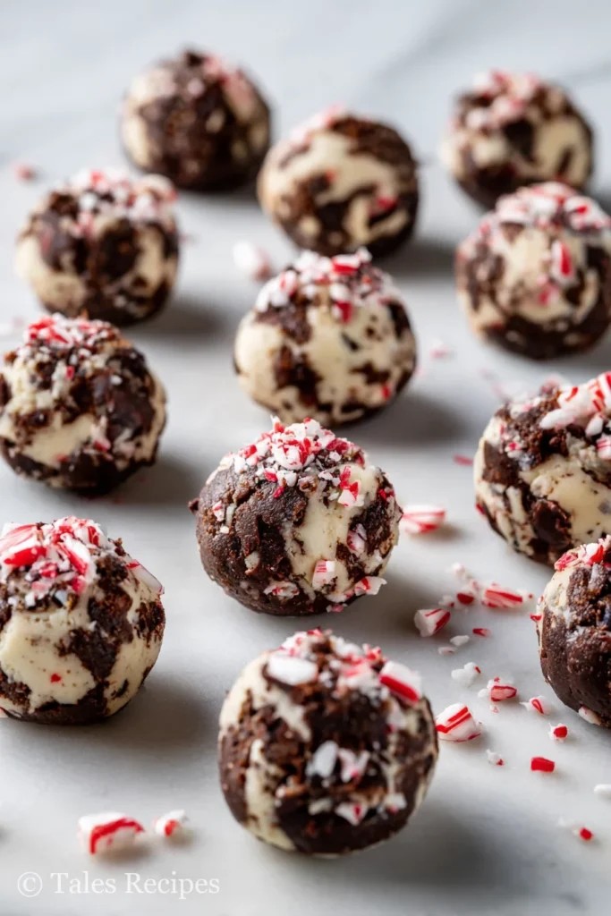 Scooped peppermint chocolate cookies dough with candy canes ready for oven