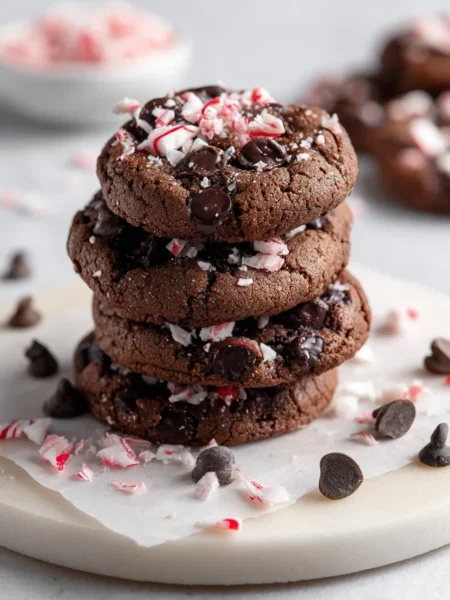 Peppermint chocolate cookies with crushed candy canes on marble counter